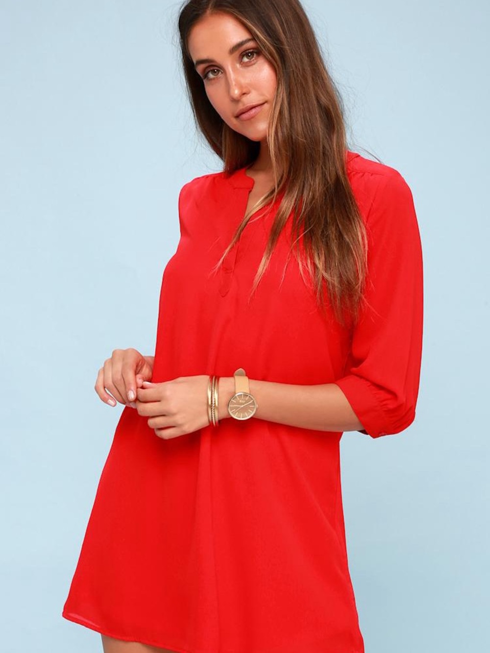 Lulu’s High Line Red Shift Dress Long Sleeve Small